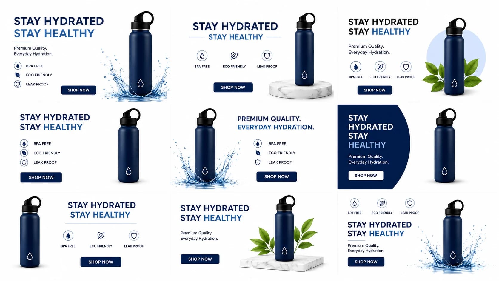 A grid of nine variations of the same water-bottle ad, each with a different layout, headline treatment, and background, showing many creative variations of one product.
