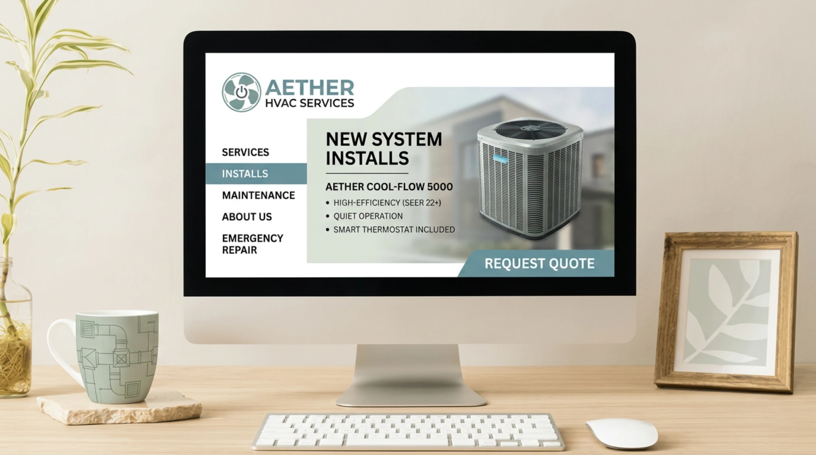 Editorial photograph of a wooden home-office desk with a desktop monitor displaying a small-business HVAC services website, an air-conditioning unit hero image and a 'Request Quote' button visible on screen, a houseplant in a glass vase on the left, a ceramic mug printed with line-drawn pipework on a stone coaster, a white keyboard and mouse on the desk, a framed botanical print on the right, against a soft beige wall in natural daylight.