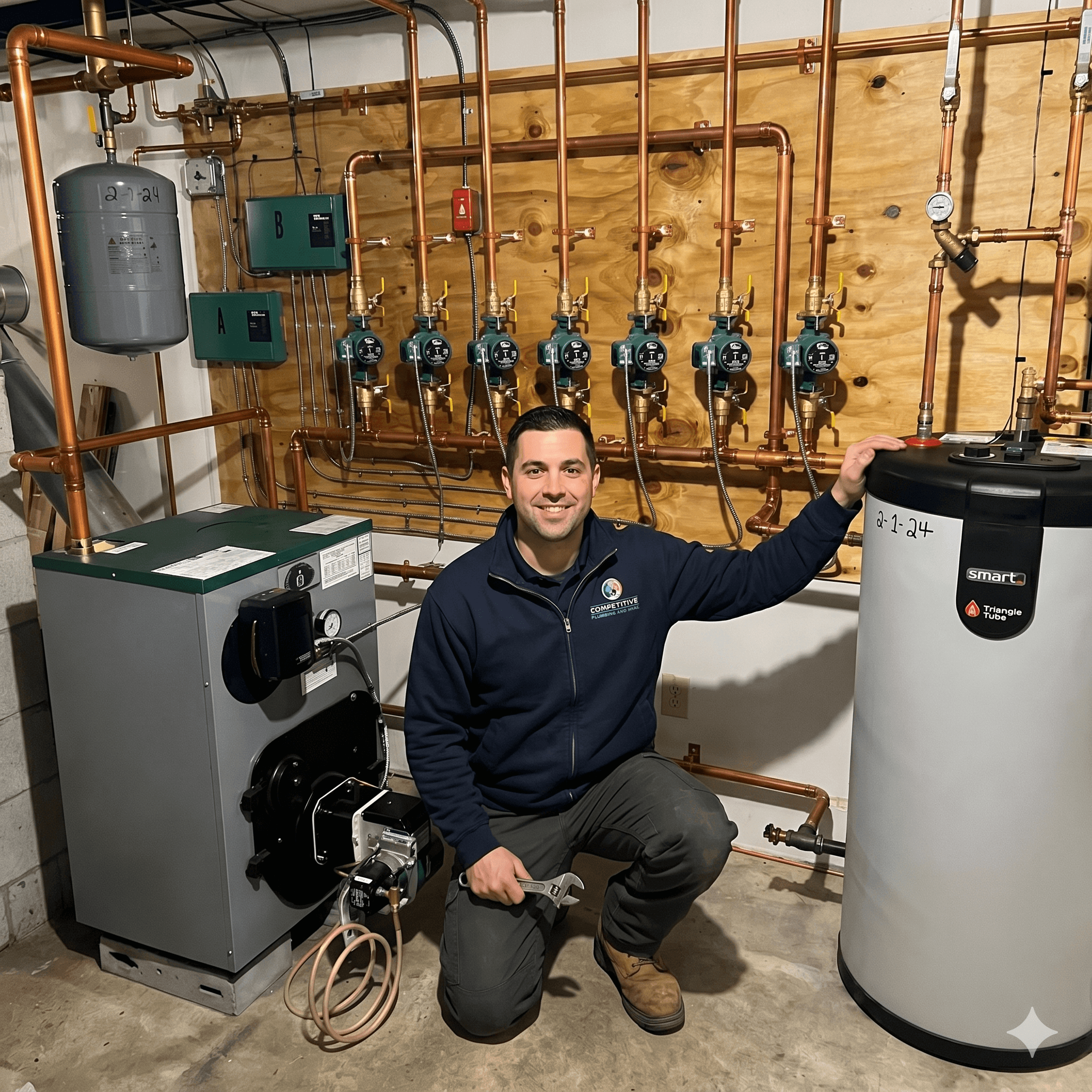 Competitive Plumbing & HVAC owner Rob in front of a boiler and smart water heater